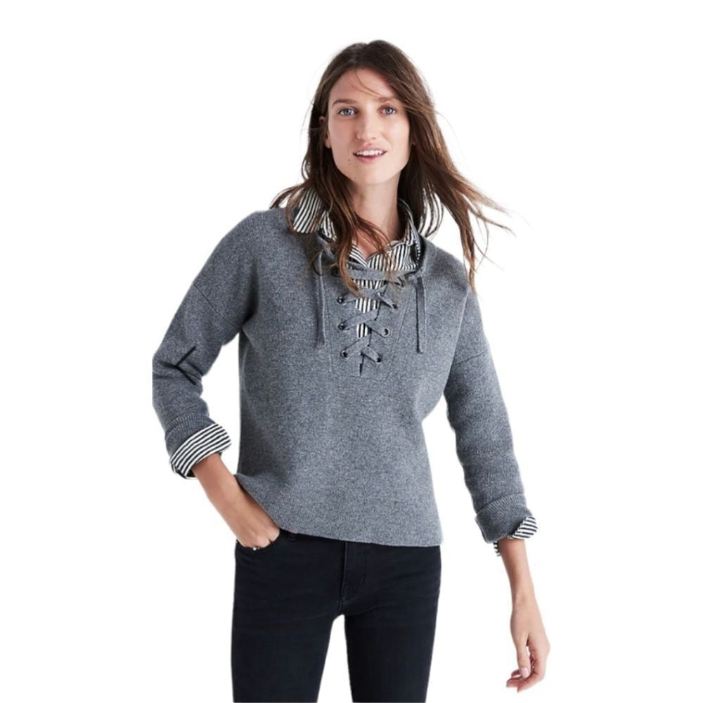 Madewell Women's Merino Wool Lace Up Boxy Pullover Sweater sz S Neutral Gray